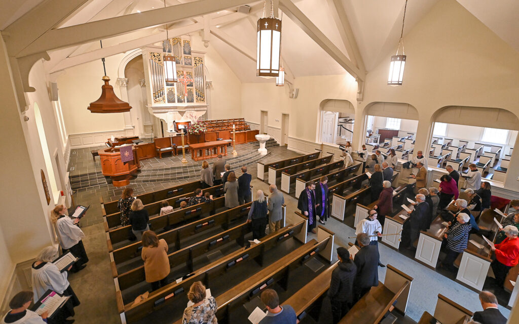 Arial view of the interior of a church.